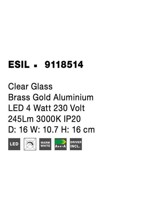 ESIL Clear Glass Brass Gold Aluminium LED 4 Watt 230 Volt 245Lm 3000K IP20 D: 16 W: 16 H: 10.7 cm