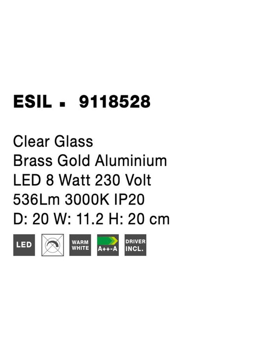 ESIL Clear Glass Brass Gold Aluminium LED 8 Watt 230 Volt 536Lm 3000K IP20 D: 20 W: 20 H: 11.2 cm