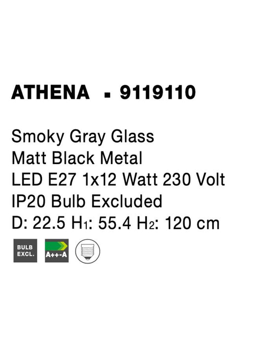 ATHENA Smoky Gray Glass Matt Black Metal LED E27 1x12 Watt 230 Volt IP20 Bulb Excluded D: 22.5 H1: 55.4 H2: 120 cm