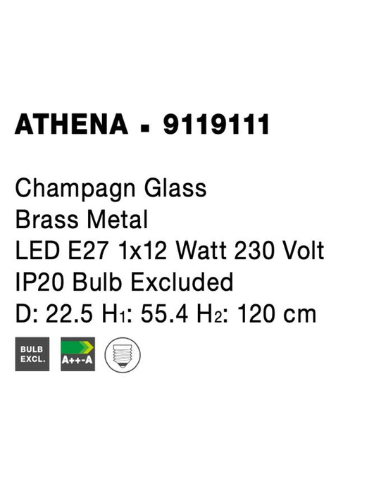 ATHENA Champagn Glass Brass Metal LED E27 1x12 Watt 230 Volt IP20 Bulb Excluded D: 22.5 H1: 55.4 H2: 120 cm