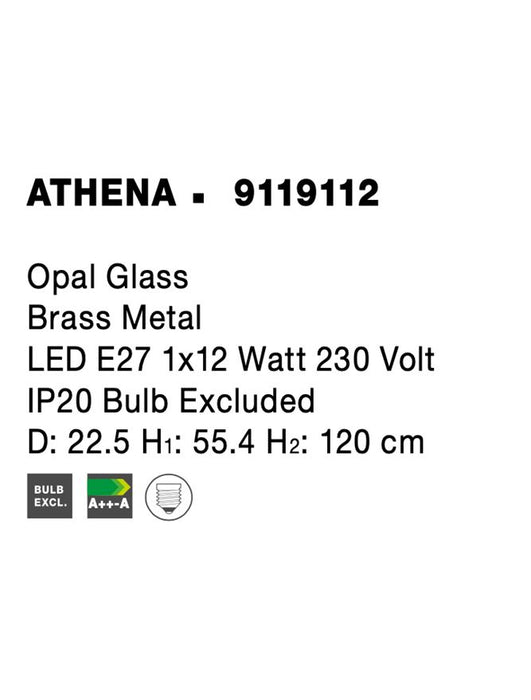 ATHENA Opal Glass Brass Metal LED E27 1x12 Watt 230 Volt IP20 Bulb Excluded D: 22.5 H1: 55.4 H2: 120 cm