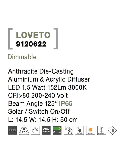 LOVETO Anthracite Die-Casting Aluminium & Acrylic Diffuser LED 1.5 Watt 152Lm 3000K CRI>80 200-240 Volt Beam Angle 125° IP65 Solar / Switch On/Off L: 14.5 W: 14.5 H: 50 cm