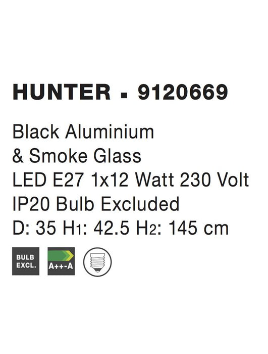 HUNTER Black Aluminium & Smoke Glass LED E27 1x12 Watt Bulb Excluded D: 35 H1: 42.5 H2: 130 cm