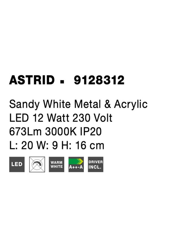 ASTRID Sandy White Metal & Acrylic LED 12 Watt 220-240V Volt 673Lm 3000K IP20 L: 20 W: 9 H: 16 cm