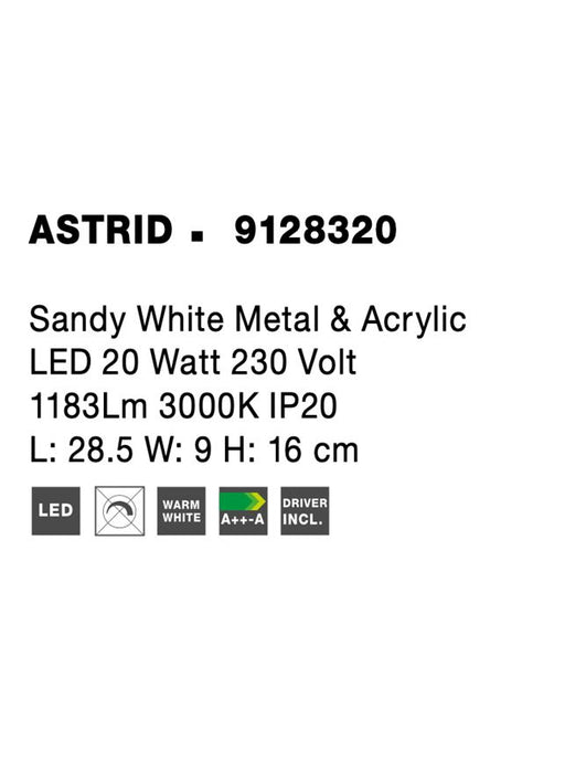 ASTRID Sandy White Metal & Acrylic LED 20 Watt 220-240V Volt 1183Lm 3000K IP20 L: 28.5 W: 9 H: 16 cm