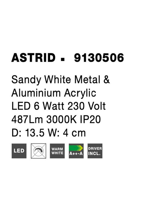 ASTRID Sandy White Metal & Aluminium Acrylic LED 6 Watt 220-240 Volt 487Lm 3000K IP20 D: 13.5 W: 4 cm