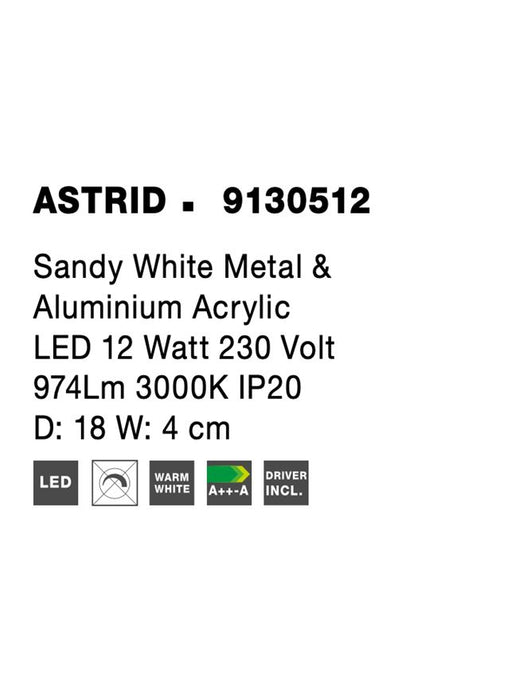 ASTRID Sandy White Metal & Aluminium Acrylic LED 12 Watt 220-240 Volt 1264Lm 3000K IP20 D: 18 W: 4 cm