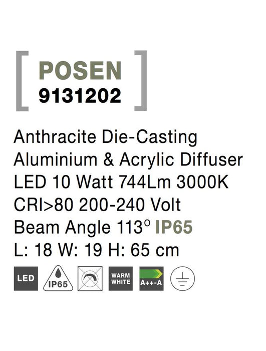 POSEN Anthracite Die-Casting Aluminium & Acrylic Diffuser LED 10 Watt 744Lm 3000K CRI>80 200-240 Volt Beam Angle 113° IP65 L: 18 W: 19 H: 65 cm