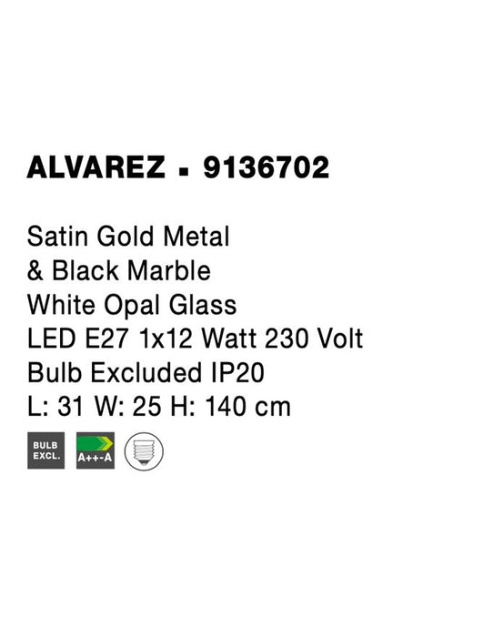 ALVAREZ Satin Gold Metal & Black Marble White Opal Glass LED E27 1x12 Watt 230 Volt Bulb Excluded IP20 L: 31 W: 25 H: 140 cm