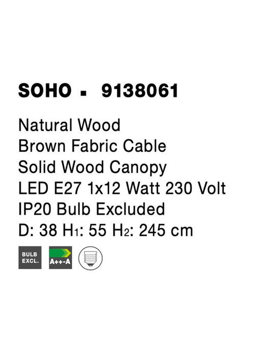 SOHO Natural Wood Brown Fabric Cable Solid Wood Canopy LED E27 1x12 Watt 230 Volt IP20 Bulb Excluded D: 38 H1: 55 H2: 245 cm