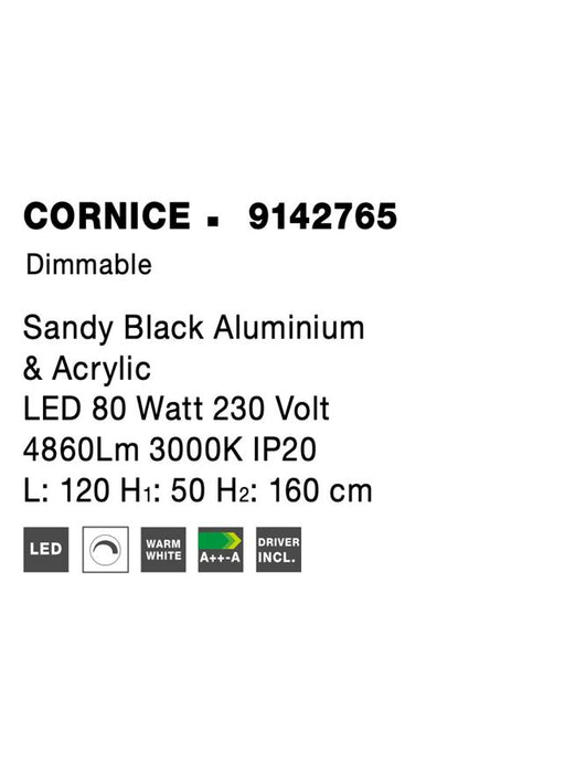 CORNICE Sandy Black Aluminium & Acrylic LED 80 Watt 230 Volt 4860Lm 3000K IP20 L: 120 H1: 50 H2: 160 cm Dimmable