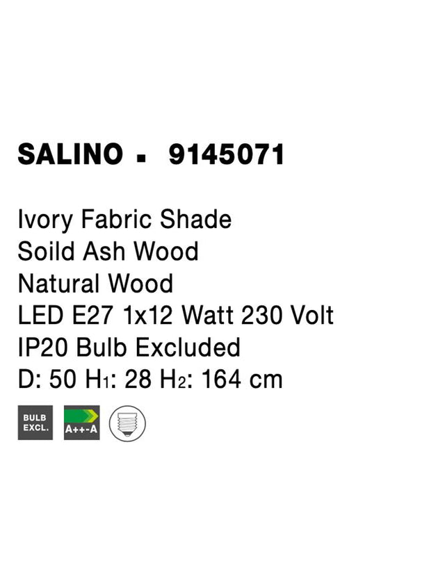 SALINO Ivory Fabric Shade Soild Ash Wood Natural Wood LED E27 1x12 Watt 230 Volt IP20 Bulb Excluded D: 50 H1: 28 H2: 164 cm
