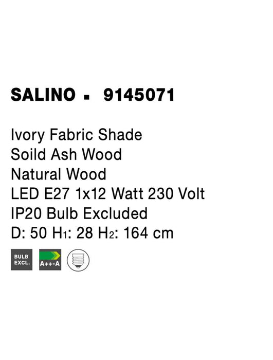 SALINO Ivory Fabric Shade Soild Ash Wood Natural Wood LED E27 1x12 Watt 230 Volt IP20 Bulb Excluded D: 50 H1: 28 H2: 164 cm