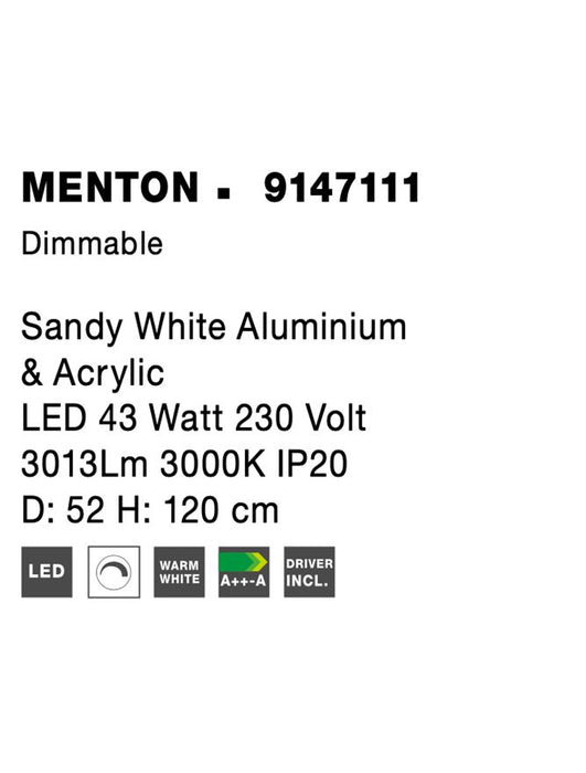 MENTON Sandy White Aluminium & Acrylic LED 43 Watt 230 Volt 3013Lm 3000K IP20 D: 52 H: 120 cm