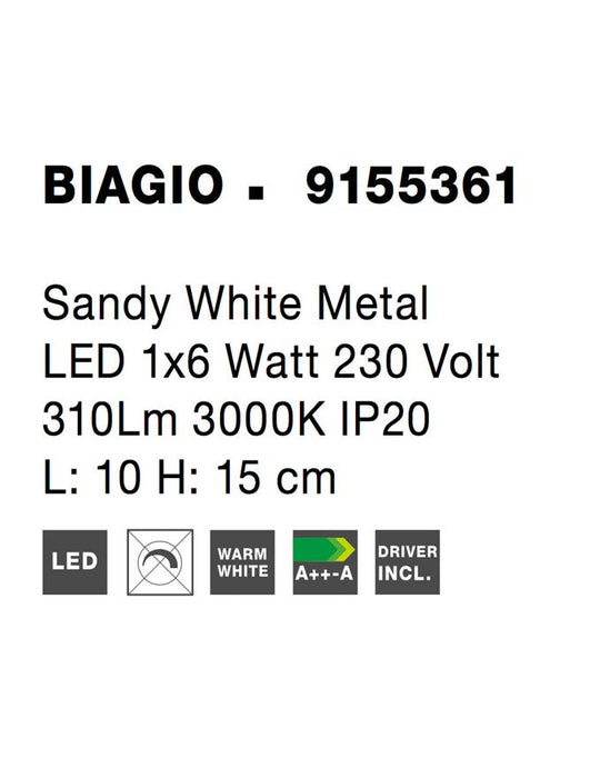 BIAGIO Sandy White Metal LED 1x6 Watt 230 Volt 310Lm 3000K IP20 L: 10 H: 15 cm