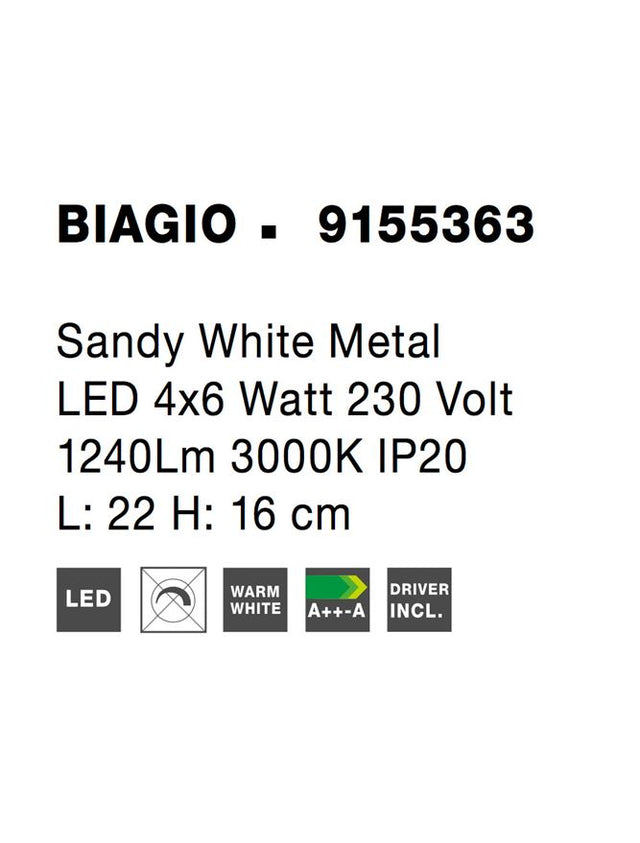 BIAGIO Sandy White Metal LED 4x6 Watt 230 Volt 1240Lm 3000K IP20 L: 22 H: 16 cm