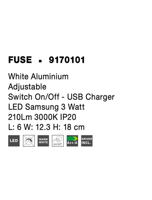 FUSE White Aluminium Adjustable Switch On/Off - USB Charger LED Samsung 3 Watt 210Lm 3000K IP20 L: 6 W: 12.3 H: 18 cm