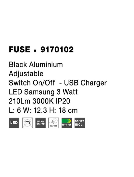 FUSE Black Aluminium Adjustable Switch On/Off - USB Charger LED Samsung 3 Watt 210Lm 3000K IP20 L: 6 W: 12.3 H: 18 cm