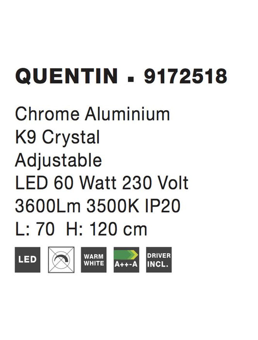 QUENTIN Chrome Aluminium & K9 Crystal Adjustable LED 60 Watt 3600Lm 3500K IP20 L: 70 H: 120 cm