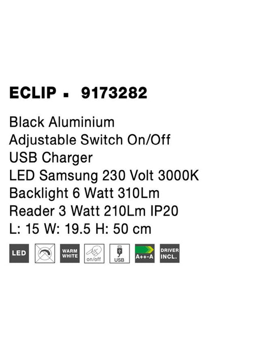 ECLIP Black Aluminium Adjustable Switch On/Off USB Charger LED Samsung 230 Volt 3000K Backlight 6 Watt 310Lm Reader 3 Watt 210Lm IP20 L: 15 W: 19.5 H: 50 cm