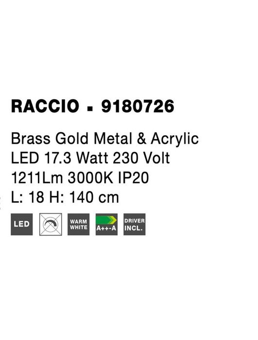 RACCIO Gold Metal & Acrylic LED 17.3 Watt 230 Volt 1211Lm 3000K IP20 L: 18 H: 140 cm