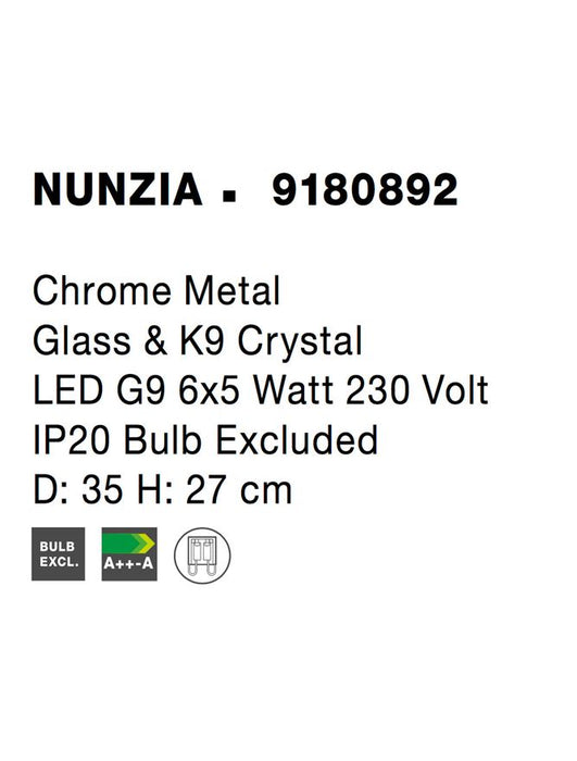 NUNZIA Chrome Metal Glass & K9 Crystal LED G9 6x5 Watt 230 Volt IP20 Bulb Excluded D: 35 H: 27 cm