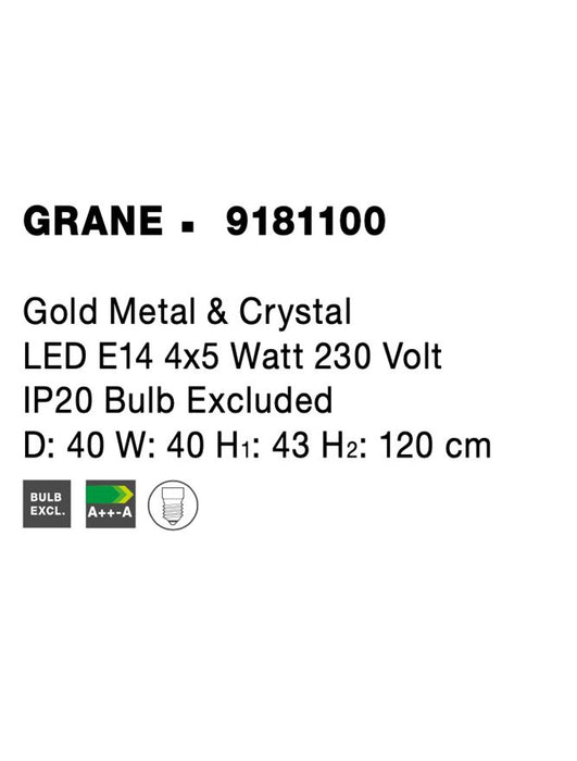GRANE Gold Metal & Crystal LED E14 4x5 Watt 230 Volt IP20 Bulb Excluded D: 40 W: 40 H1: 43 H2: 120 cm