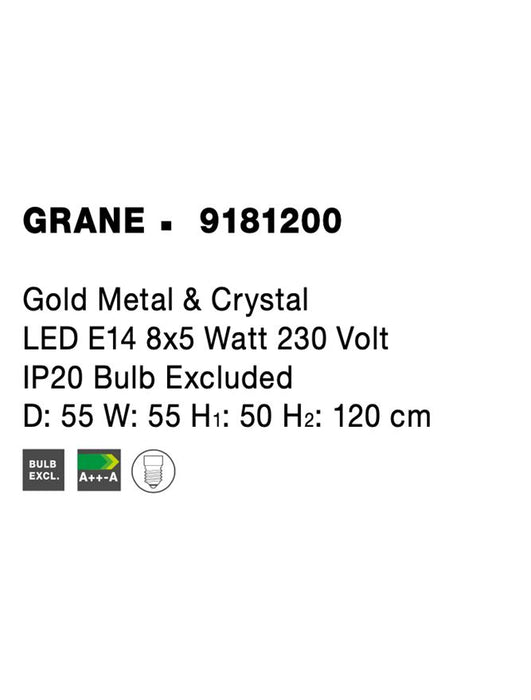 GRANE Gold Metal & Crystal LED E14 8x5 Watt 230 Volt IP20 Bulb Excluded D: 55 W: 55 H1: 50 H2: 120 cm