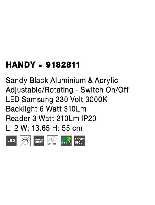 HANDY Sandy White Aluminium & Acrylic Adjustable/Rotating - Switch On/Off LED Samsung 230 Volt 3000K Backlight 6 Watt 310Lm Reader 3 Watt 210Lm IP20 L: 2 W: 13.65 H: 55 cm