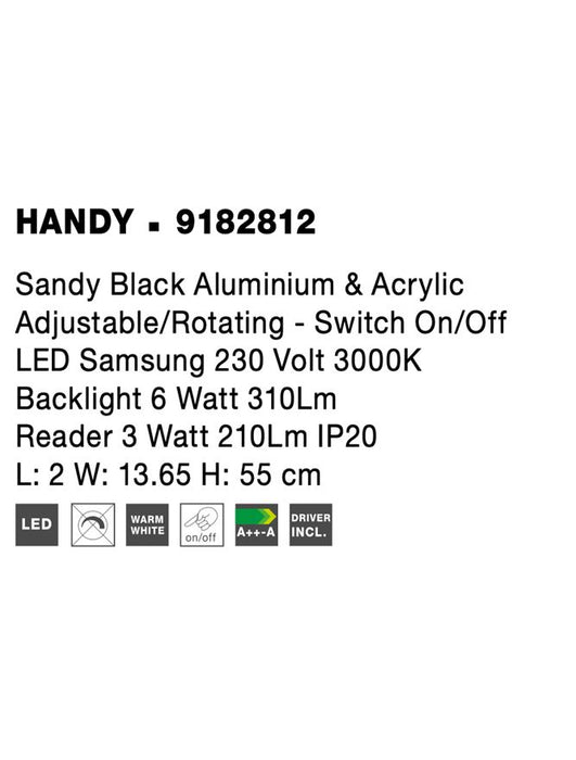HANDY Sandy Black Aluminium & Acrylic Adjustable/Rotating - Switch On/Off LED Samsung 230 Volt 3000K Backlight 6 Watt 310Lm Reader 3 Watt 210Lm IP20 L: 2 W: 13.65 H: 55 cm