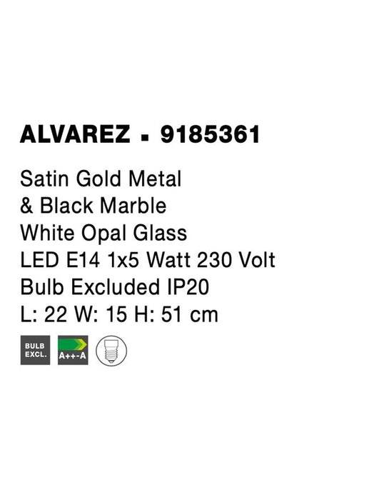 ALVAREZ Satin Gold Metal & Black Marble White Opal Glass LED E14 1x5 Watt 230 Volt Bulb Excluded IP20 L: 22 W: 15 H: 51 cm