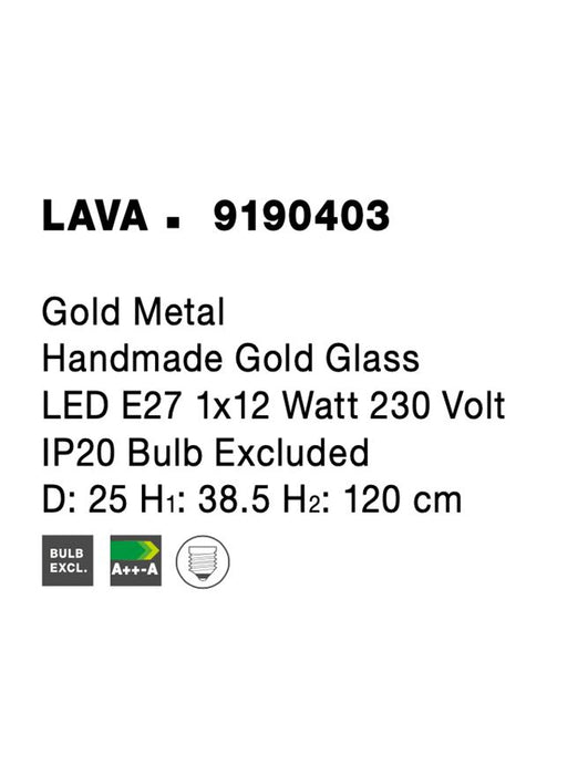 LAVA Gold Metal Handmade Gold Glass LED E27 1x12 Watt 230 Volt IP20 Bulb Excluded D: 25 H1: 38.5 H2: 120 cm