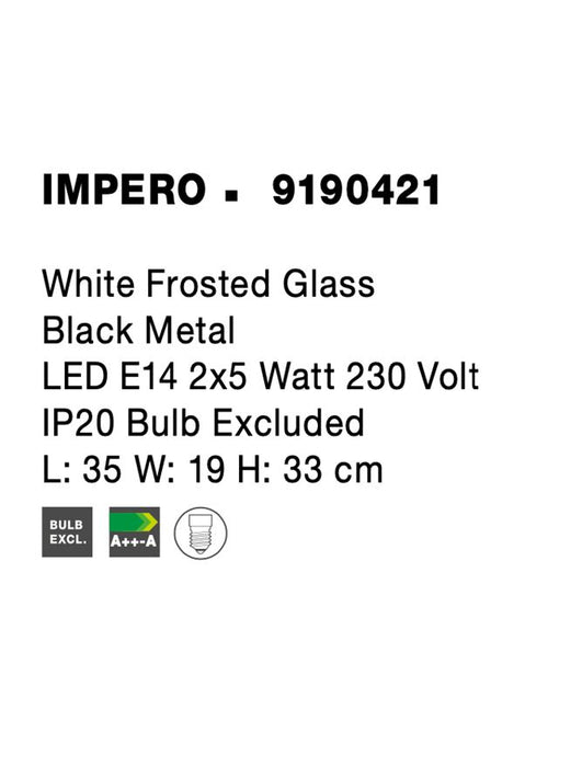 IMPERO White Frosted Glass Black Metal LED E14 2x5 Watt 230 Volt IP20 Bulb Excluded L: 35 W: 19 H: 33 cm