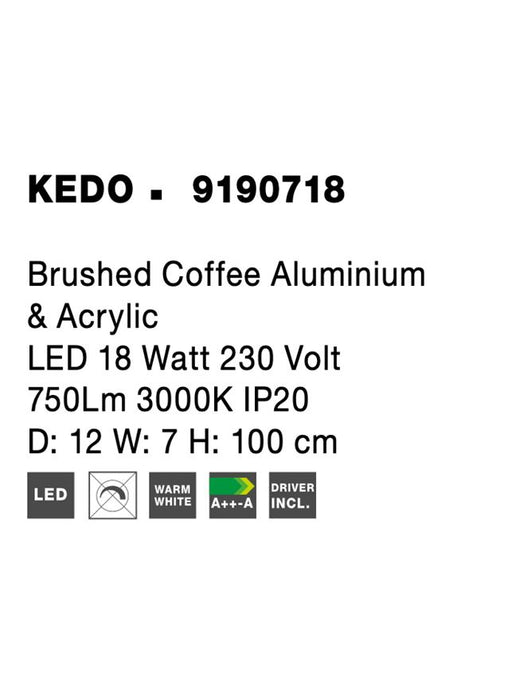 KEDO Brushed Coffee Aluminium & Acrylic LED 18 Watt 230 Volt 750Lm 3000K IP20 L: 100 W: 12 H: 7.6 cm