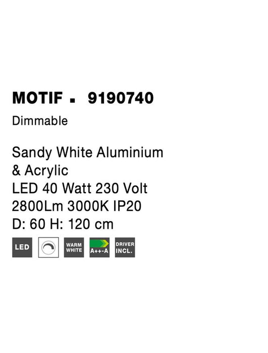 MOTIF Sandy White Aluminium & Acrylic LED 40 Watt 230 Volt 2800Lm 3000K IP20 D: 60 H: 120 cm