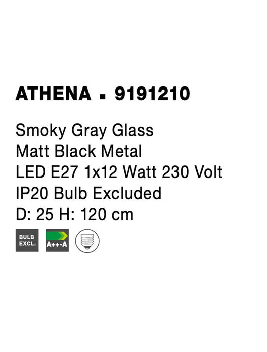 ATHENA Smoky Gray Glass Matt Black Metal LED E27 1x12 Watt 230 Volt IP20 Bulb Excluded D: 25 H: 120 cm