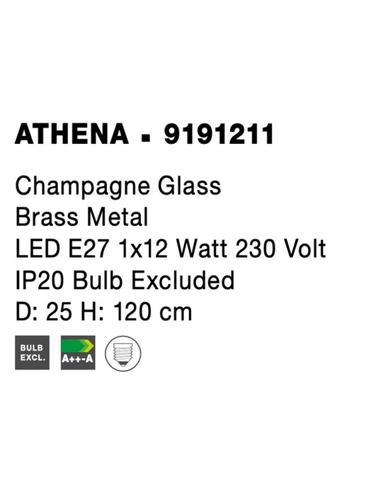 ATHENA Champagne Glass Brass Metal LED E27 1x12 Watt 230 Volt IP20 Bulb Excluded D: 25 H: 120 cm