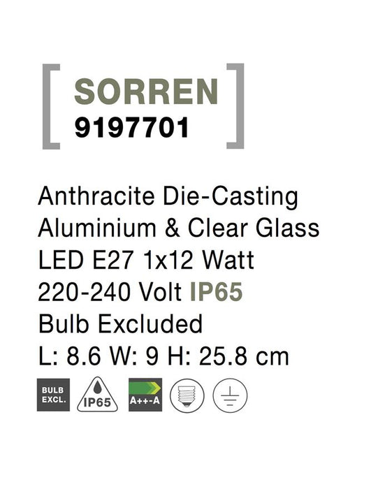 SORREN Anthracite Die-Casting Aluminium & Clear Glass LED E27 1x12 Watt 220-240 Volt IP65
Bulb Excluded L: 8.6 W: 9 H: 25.8 cm
