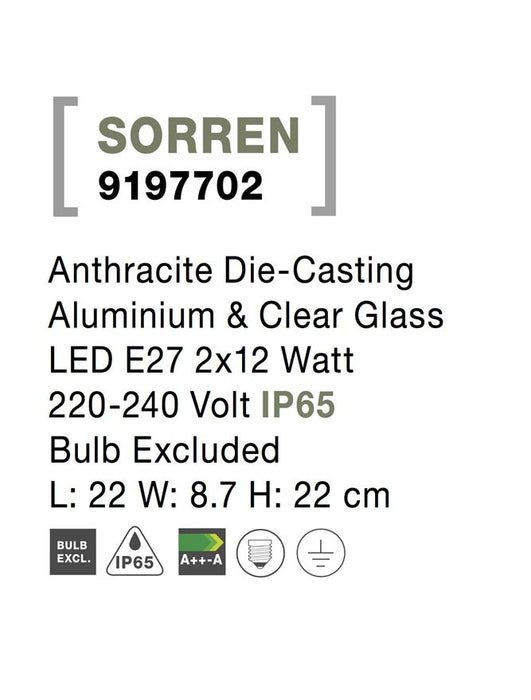 SORREN Anthracite Die-Casting Aluminium & Clear Glass LED E27 2x12 Watt 220-240 Volt IP65
Bulb Excluded L: 22 W: 8.7 H: 22 cm