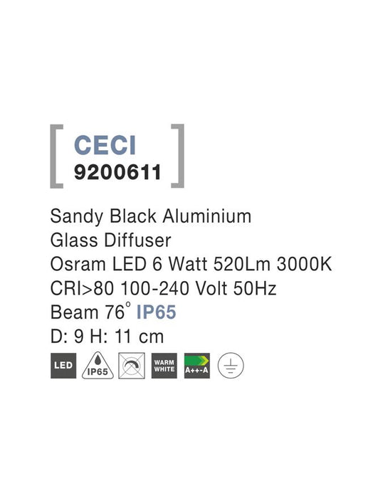 CECI Sandy Black Aluminium Glass Diffuser LED 6 Watt 520Lm 3000K D: 9 H: 11 cm IP65