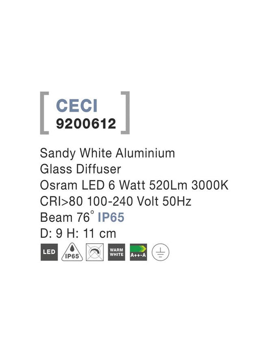 CECI Sandy White Aluminium Glass Diffuser LED 6 Watt 520Lm 3000K D: 9 H: 11 cm IP65