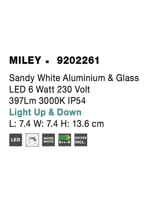 MILEY Sandy White Aluminium & Glass LED 6 Watt 397Lm 3000K CRI>80 200-240 Volt IP54
Light Up & Down L: 7.4 W: 7.4 H: 13.6 cm