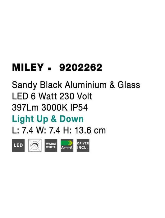 MILEY Sandy Black Aluminium & Glass LED 6 Watt 230 Volt 397Lm 3000K IP54 Light Up & Down L: 7.4 W: 7.4 H: 13.6 cm