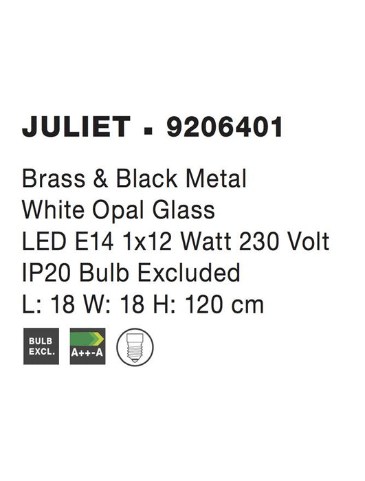 JULIET Brass & Black Metal White Opal Glass LED E14 1x5 Watt IP20 Bulb Excluded L: 18 W: 18 H: 120 cm