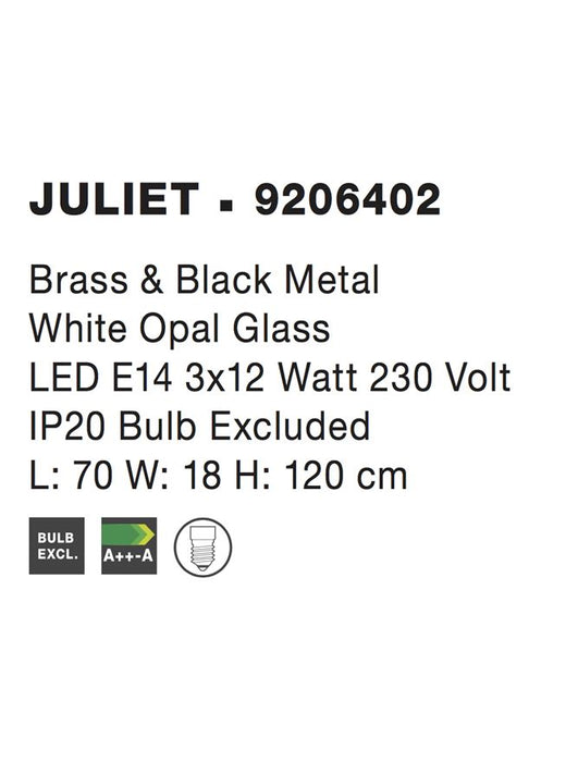 JULIET Brass & Black Metal White Opal Glass LED E14 1x5 Watt IP20 Bulb Excluded L: 70 W: 18 H: 120 cm