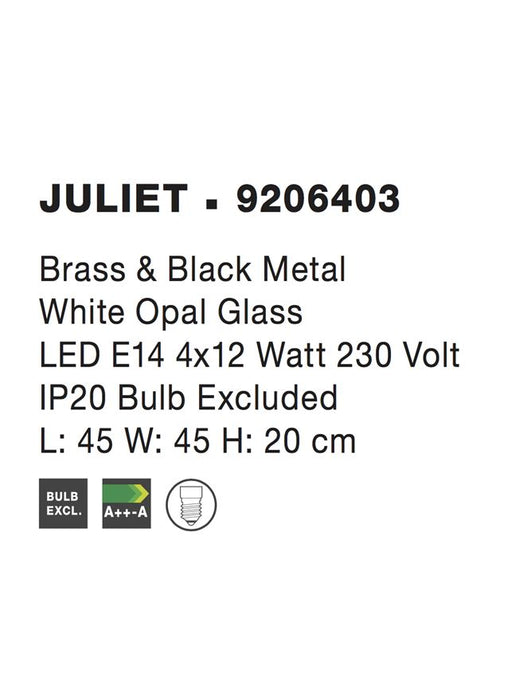 JULIET Brass & Black Metal White Opal Glass LED E14 1x5 Watt IP20 Bulb Excluded L: 45 W: 45 H: 20 cm