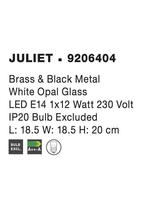 JULIET Brass & Black Metal White Opal Glass LED E14 1x5 Watt IP20 Bulb Excluded L: 18.5 W: 18.5 H: 20 cm