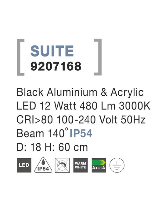 SUITE Black Aluminium & Acrylic LED 12 Watt 480 Lm 3000K D: 18 H: 60 cm IP54