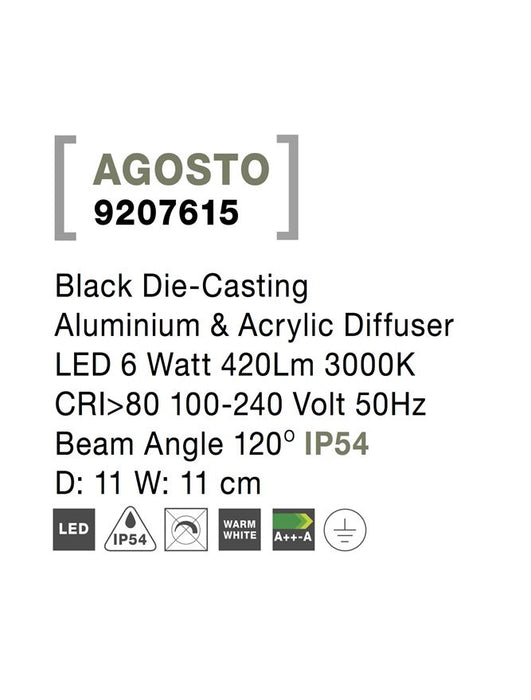 AGOSTO Black Aluminium & Acrylic LED 6 Watt 420Lm 3000K D: 11 W: 11 cm IP54