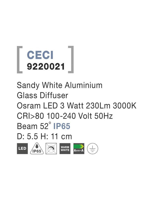 CECI Sandy White Aluminium Glass Diffuser LED 3 Watt 230Lm 3000K D: 5.5 H: 11 cm IP65